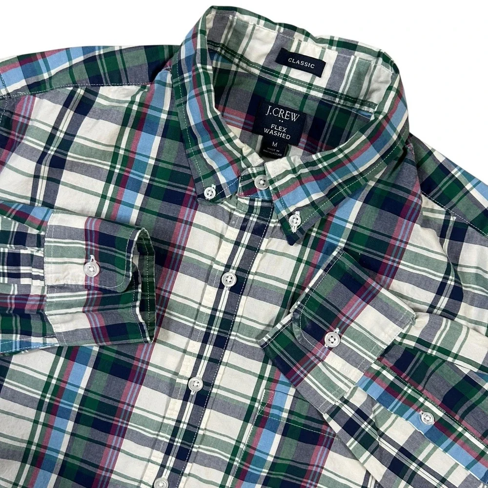 J.Crew Flex‎ Washed Size M Green Plaid Classic Fit Long Sleeve Button Down Shirt